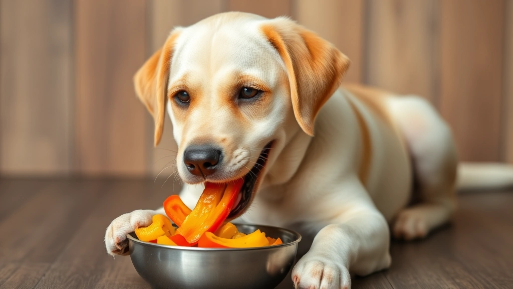 Happy Labrador puppy enjoying safe red and yellow bell pepper pieces from a bowl, healthy and content