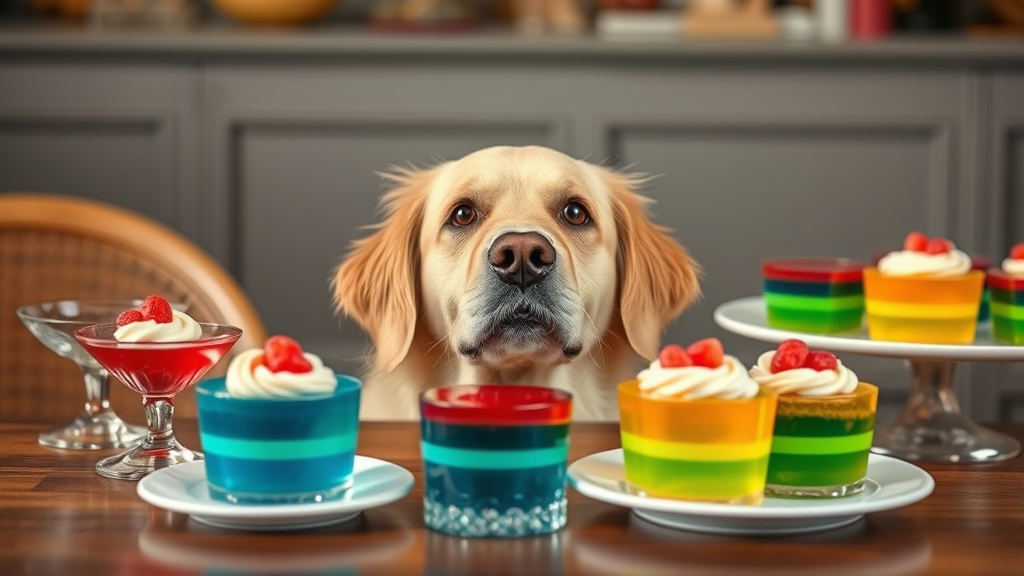 Colorful jello desserts on table with curious golden retriever dog looking up hopefully no text no words no letters