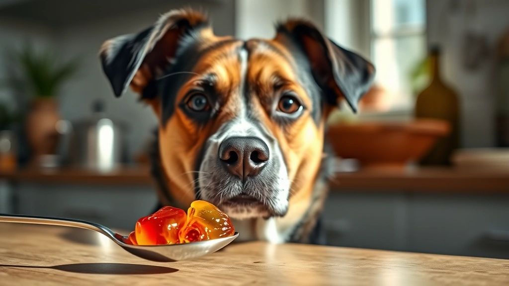 Dog looking at colorful jelly on a spoon with concerned expression, soft natural lighting, indoor kitchen setting