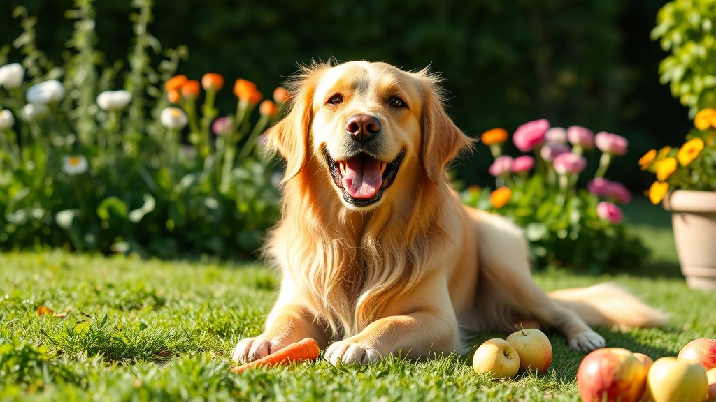 Happy golden retriever playing with healthy treat alternatives like carrots and apples in a bright garden setting