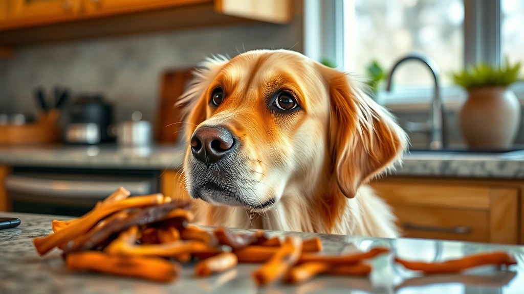 Golden retriever looking at jerky on kitchen counter, curious expression, warm lighting, natural setting
