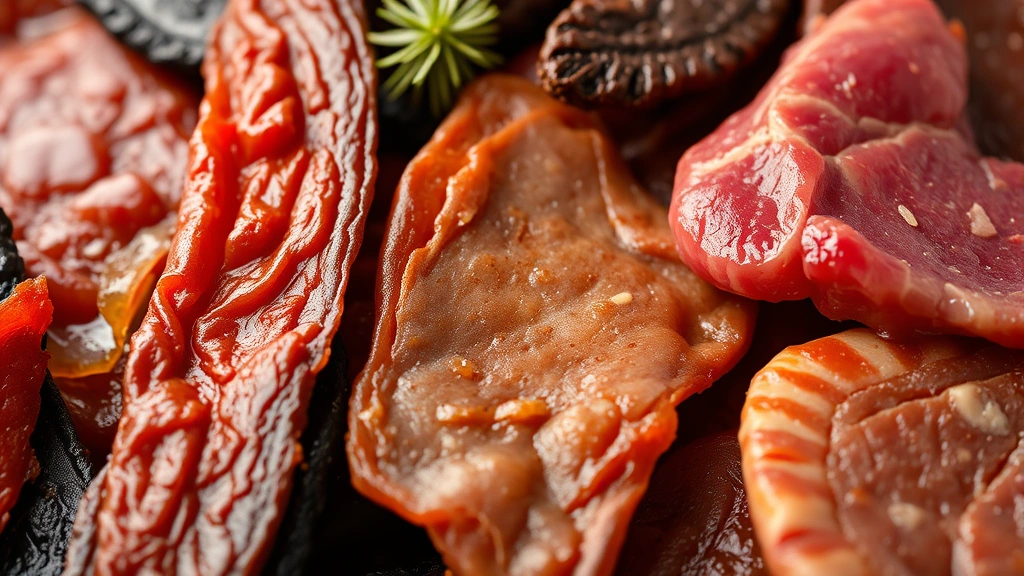 Close-up of various jerky types and fresh meat, showing texture and composition details, professional food photography