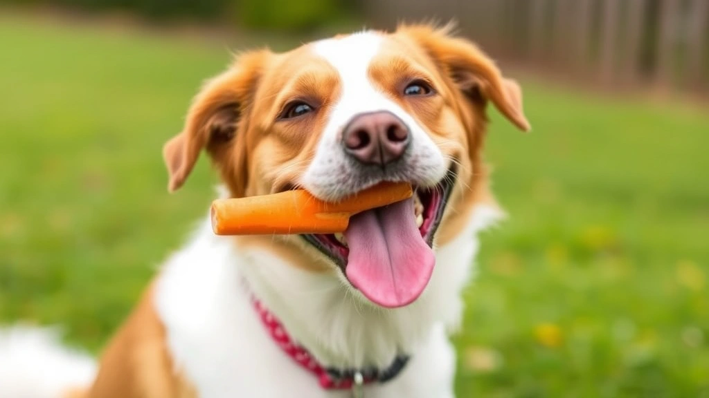 Dog enjoying safe treat alternatives like carrot stick and plain chicken, happy dog, outdoor setting