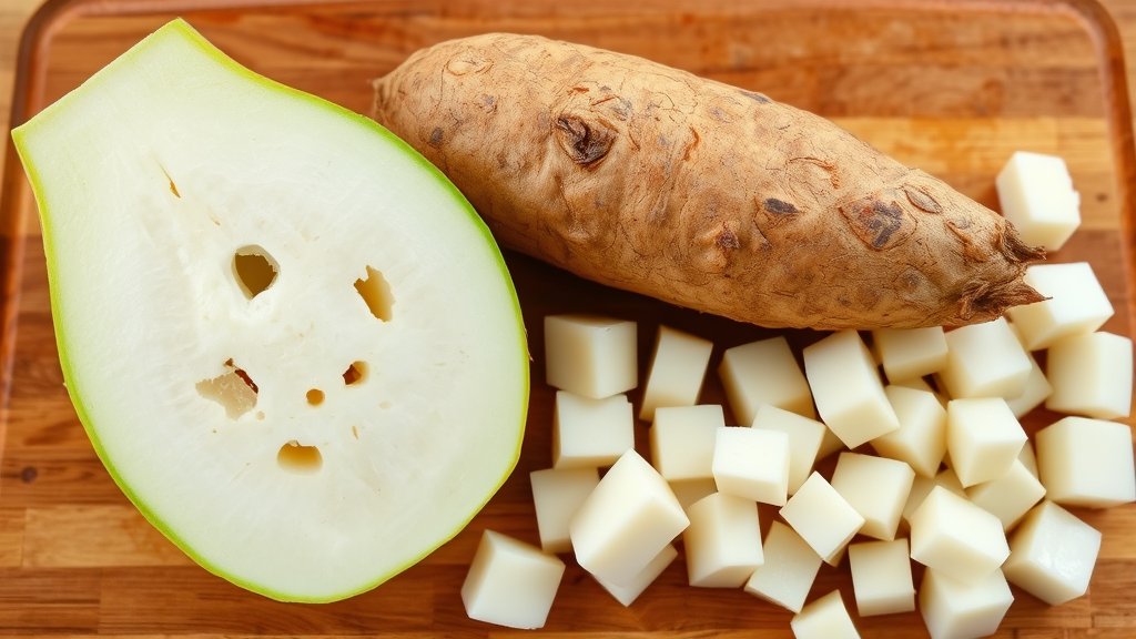 Fresh whole jicama root vegetable with brown skin next to white diced pieces on wooden cutting board no text no words no letters