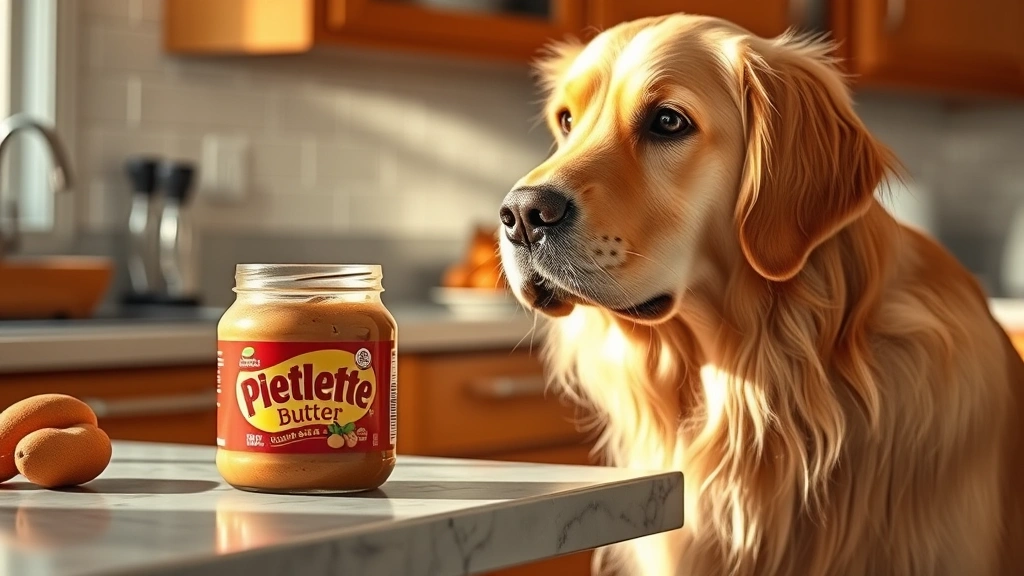 Golden retriever looking at a jar of peanut butter on a kitchen counter, curious expression, warm natural lighting, photorealistic style