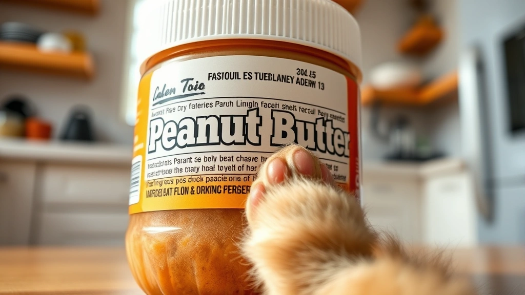 Closeup of peanut butter jar label with ingredients visible, dog's paw gently touching the jar base, bright kitchen setting, photorealistic