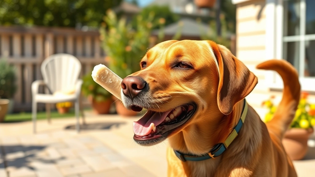 Happy labrador enjoying a frozen banana treat on a sunny backyard patio, tail wagging, bright daylight, photorealistic style
