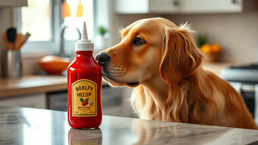 Golden retriever looking curiously at red ketchup bottle on kitchen counter, warm lighting, no text no words no letters