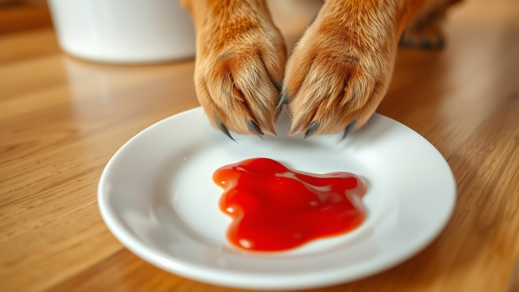 Close-up of dog paws near spilled red ketchup on white plate, kitchen setting, natural lighting, no text no words no letters