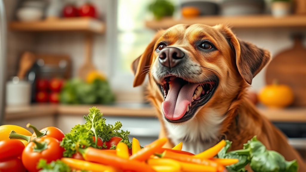 Happy dog eating healthy fresh vegetables as ketchup alternative, bright kitchen background, no text no words no letters