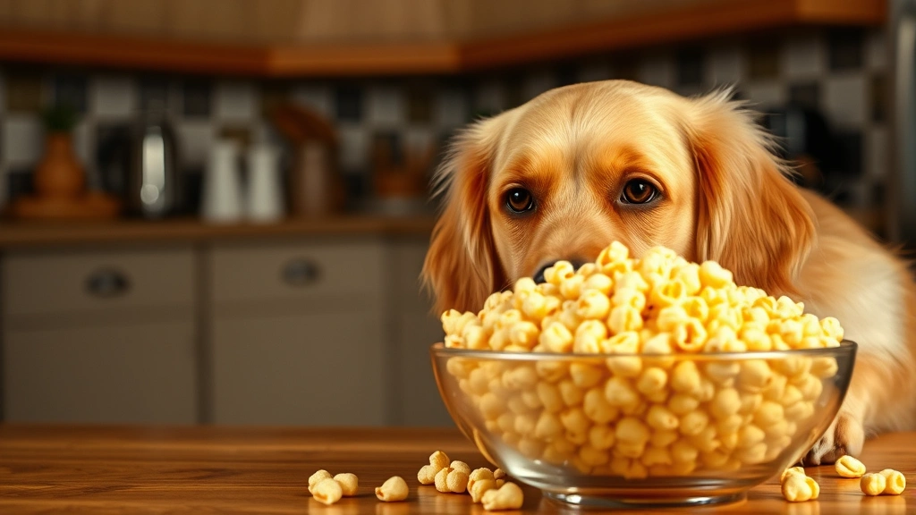 Golden retriever looking at a bowl of kettle corn on a table, curious expression, bright kitchen background