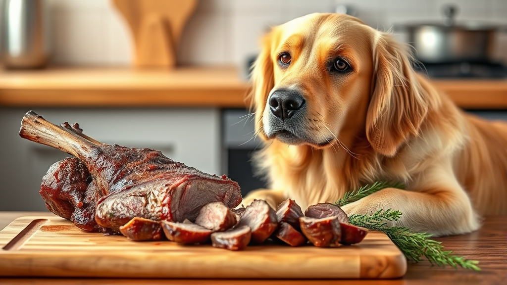 Golden retriever sitting beside fresh cooked lamb meat on wooden cutting board, natural kitchen lighting, no text no words no letters