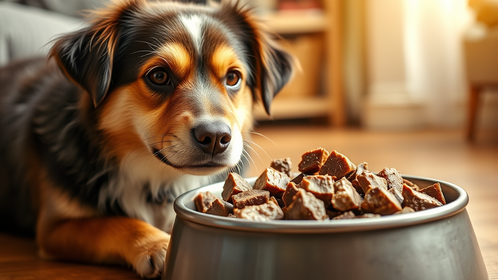 Close-up of diced cooked lamb pieces in dog bowl next to happy medium-sized dog, warm indoor lighting, no text no words no letters