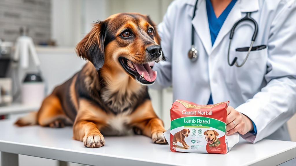 Veterinarian examining healthy dog while lamb-based dog food sits on examination table, professional clinic setting, no text no words no letters