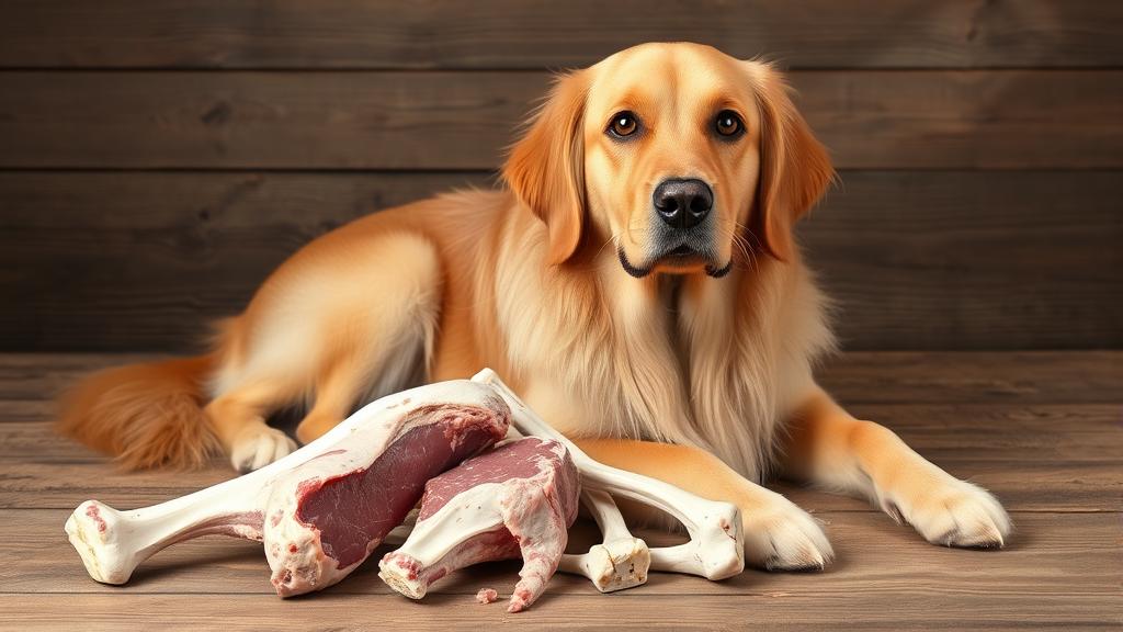 Golden retriever dog sitting beside fresh raw lamb bones on wooden surface no text no words no letters