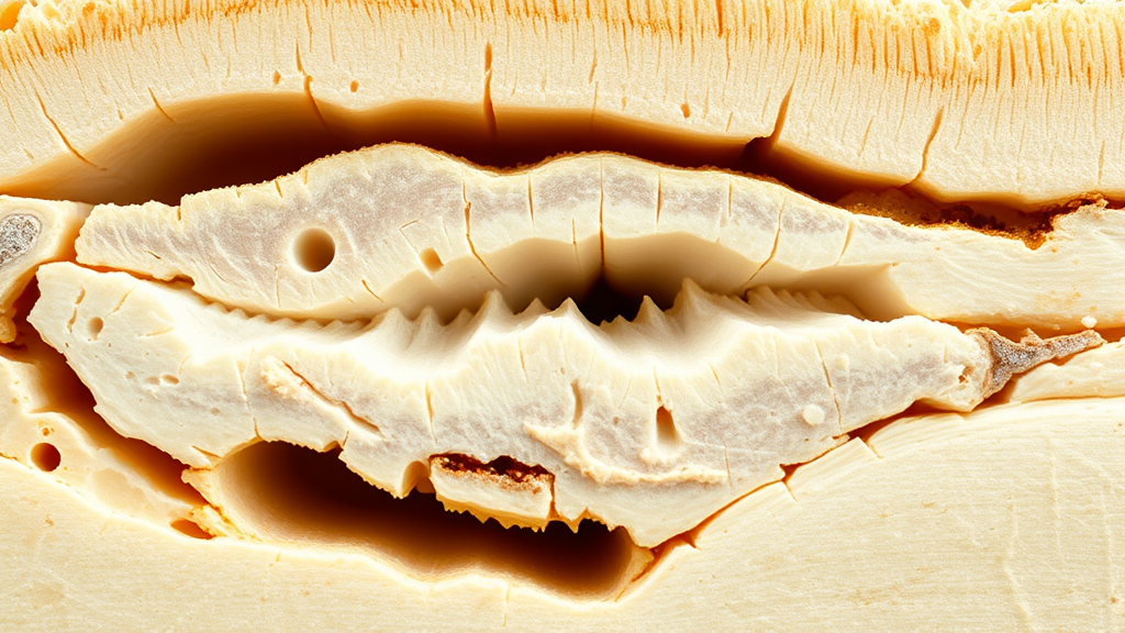 Close up of lamb bone cross section showing marrow and bone structure no text no words no letters