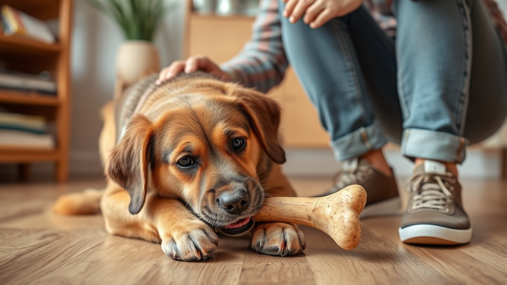 Dog owner supervising pet chewing bone in safe indoor environment no text no words no letters
