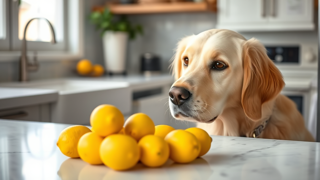 Golden retriever looking curiously at fresh yellow lemons on kitchen counter, bright natural lighting, no text no words no letters