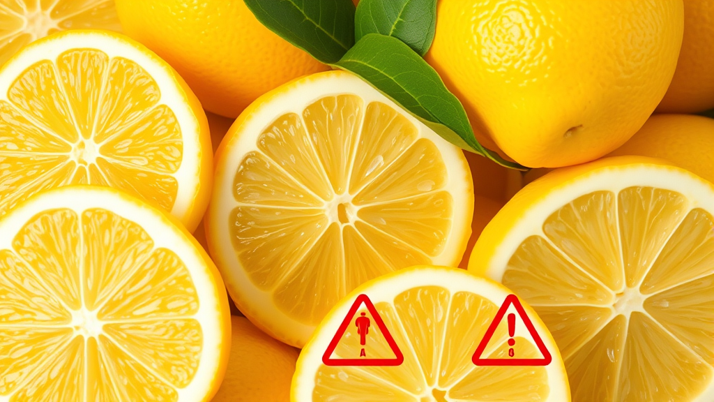 Close up of fresh lemon slices and whole lemons with warning symbols, veterinary safety concept, no text no words no letters