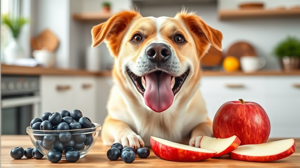 Happy healthy dog with safe fruit alternatives like blueberries and apple slices, bright kitchen setting, no text no words no letters
