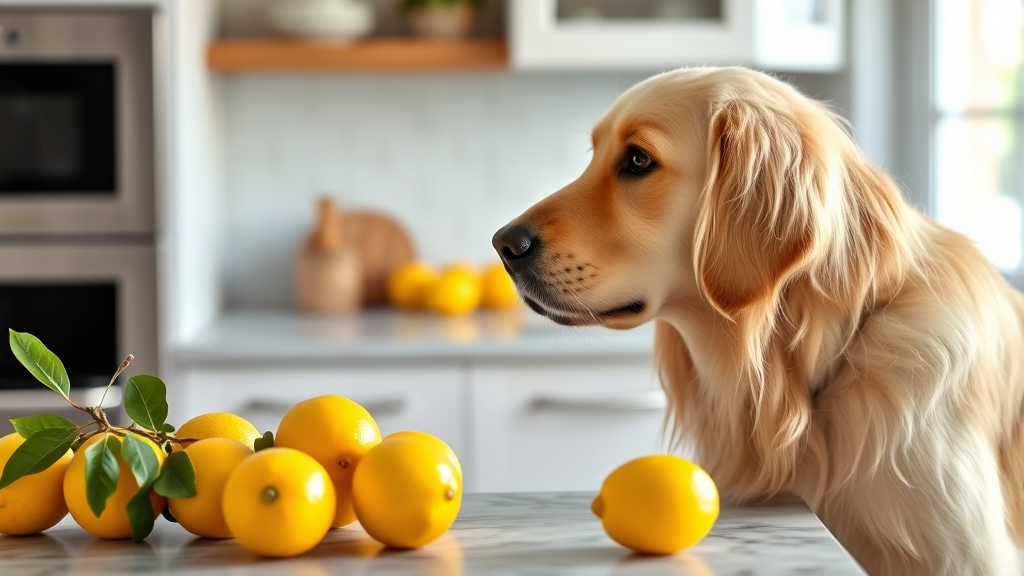 Golden retriever looking curiously at fresh yellow lemons on kitchen counter, natural lighting, no text no words no letters