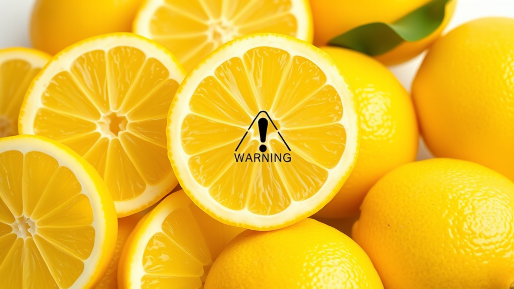 Close up of fresh lemon slices and whole lemons with warning symbol, bright clean background, no text no words no letters