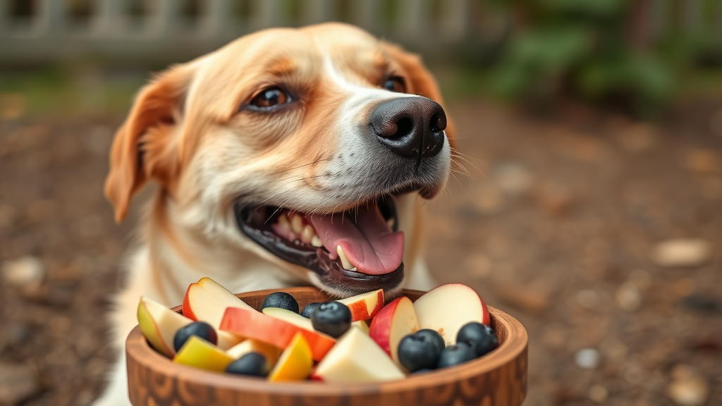 Happy dog enjoying safe fruit treats like apple slices and blueberries in bowl, outdoor setting, no text no words no letters