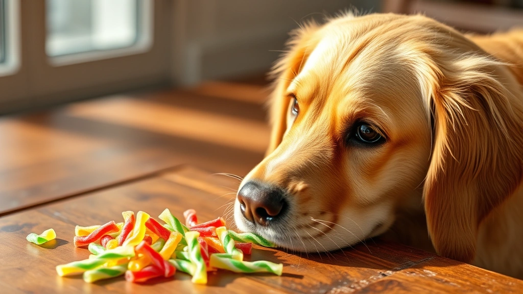 Golden retriever looking at colorful licorice candies on wooden table, curious expression, natural lighting