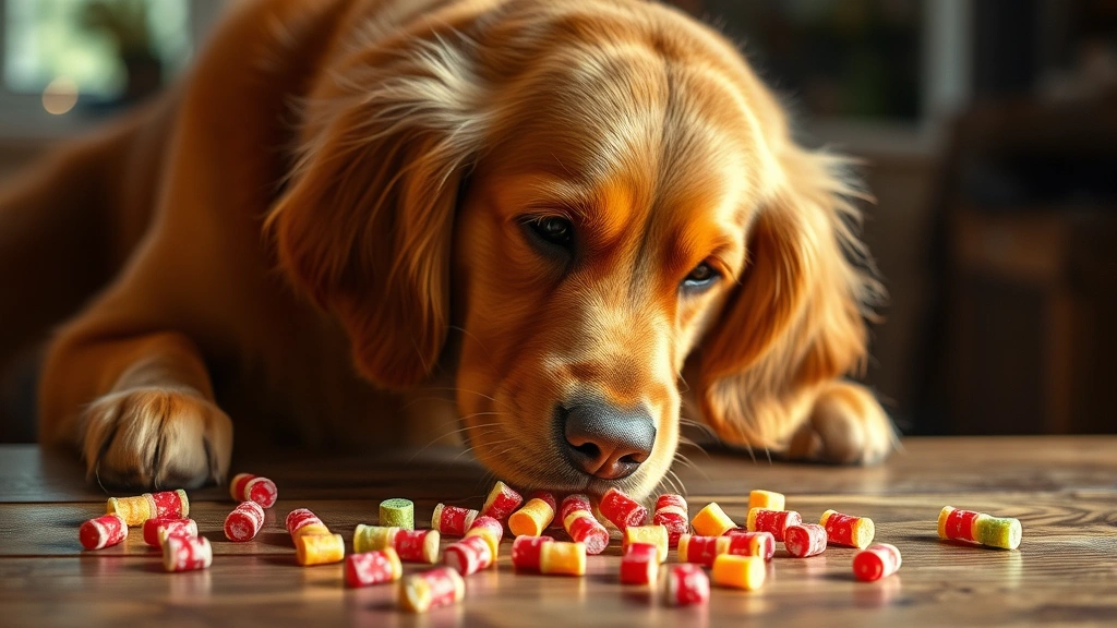 Golden retriever sniffing licorice candies on wooden table with candy scattered around, warm lighting