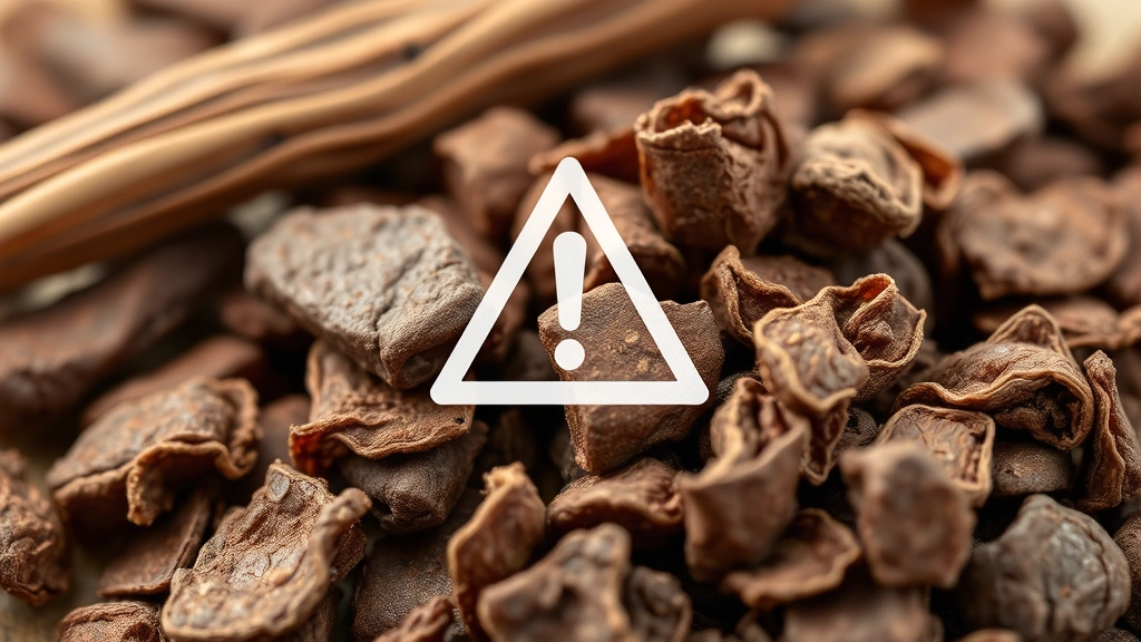 Close-up of licorice root and dried licorice pieces with warning symbol overlay, professional medical style