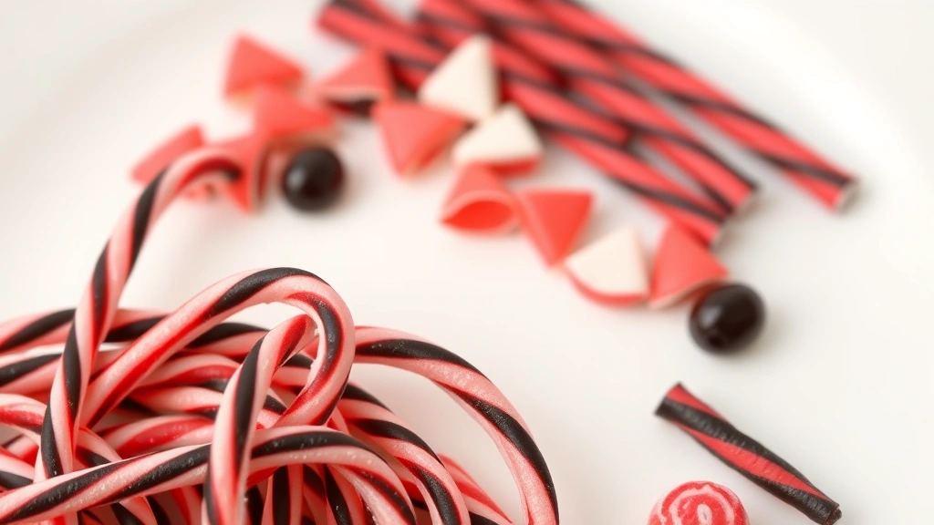 Close-up of red and black licorice strands and candy pieces on white plate background