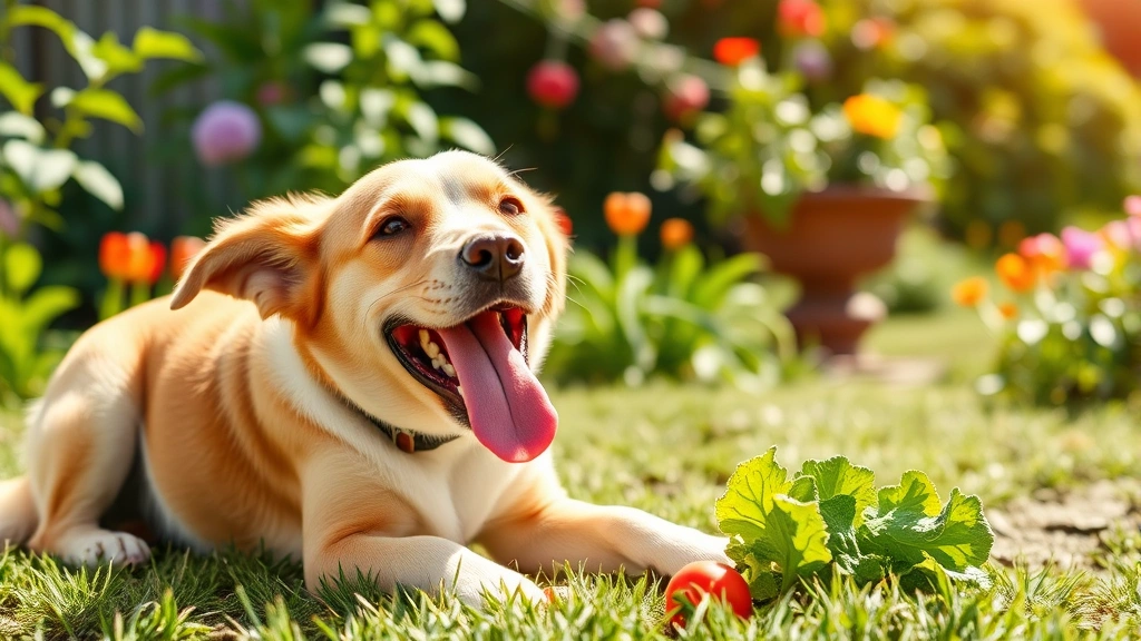 Happy dog playing with safe treat toys and fresh vegetables in sunny garden, joyful healthy dog