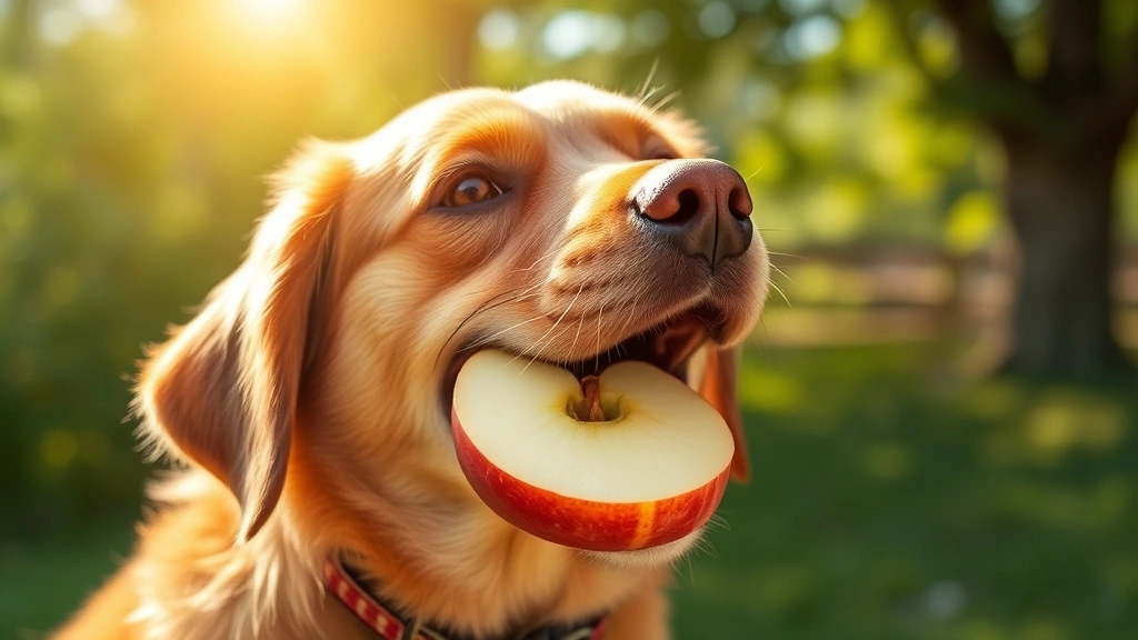 Happy dog eating fresh apple slice outdoors in sunlight as healthy treat alternative
