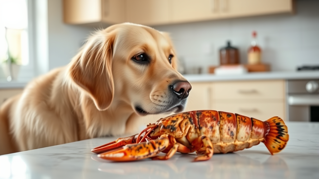 Golden retriever looking curiously at cooked lobster on kitchen counter, bright natural lighting, no text no words no letters