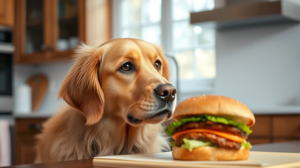Golden retriever looking at sandwich with interested expression, bright kitchen background with natural lighting