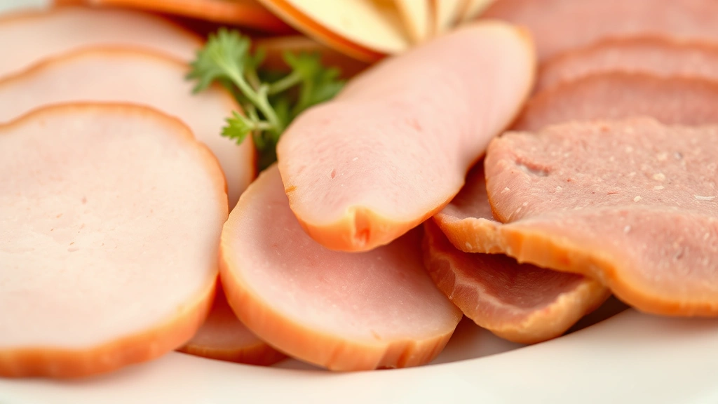 Close-up of various lunch meat slices including turkey, ham, and roast beef arranged on white plate