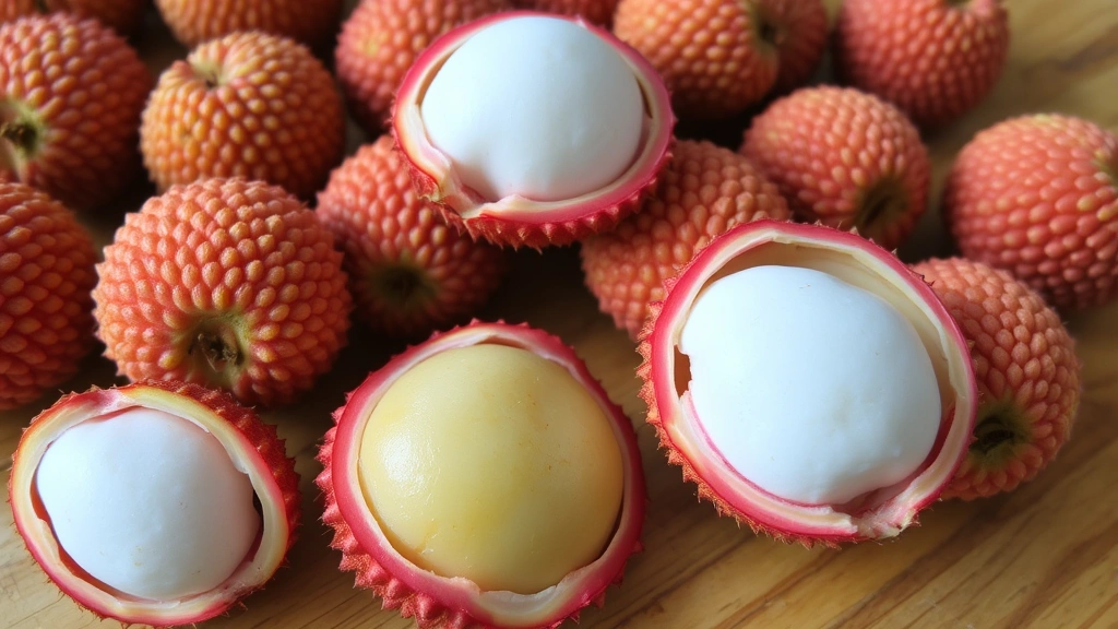 Fresh lychees with bumpy red-pink skin, some cut open revealing white translucent flesh inside, arranged on a wooden surface with natural lighting