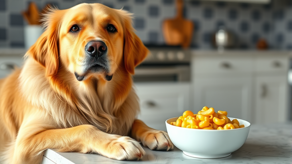 Golden retriever sitting next to bowl of mac and cheese on kitchen counter, no text no words no letters