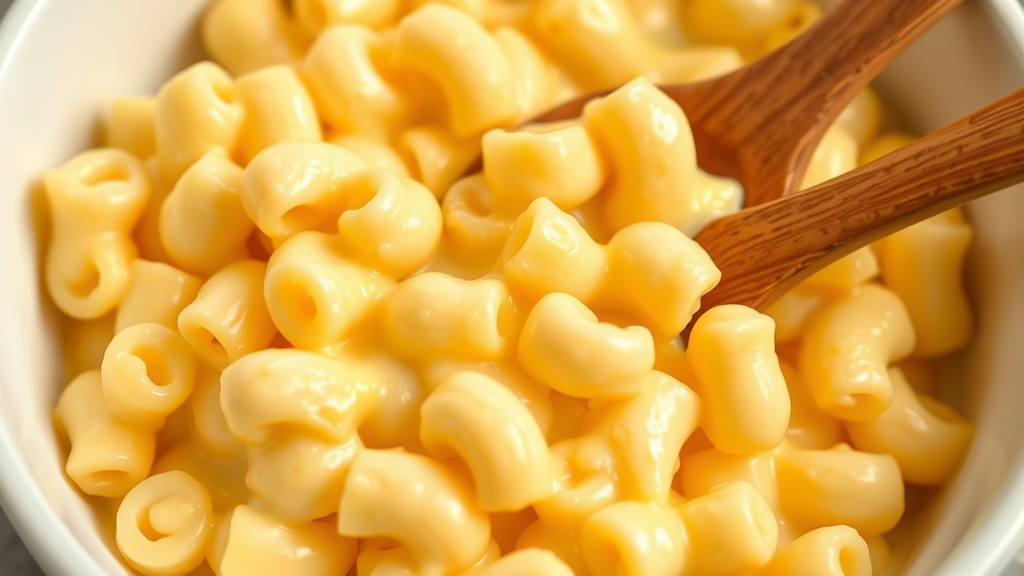 Close up of creamy mac and cheese in white bowl with wooden spoon, no text no words no letters