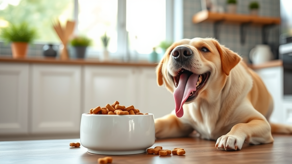 Happy dog eating healthy dog treats from ceramic bowl in bright kitchen, no text no words no letters