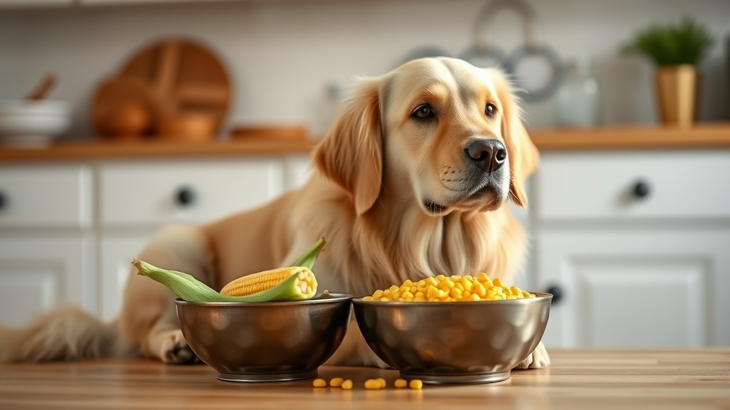 Golden retriever sitting next to fresh corn kernels in a bowl, kitchen setting, warm natural lighting, no text, no words, no letters