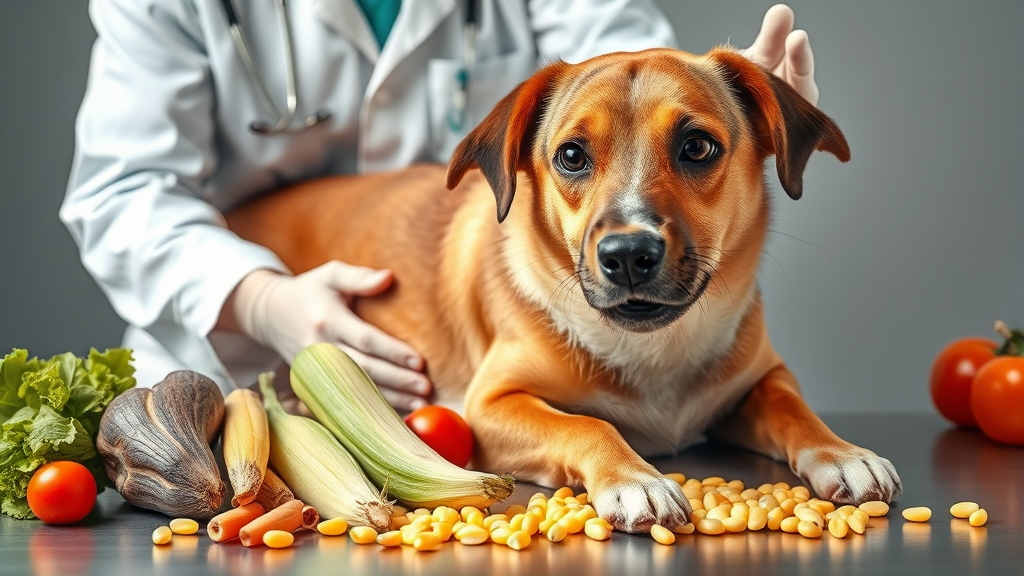 Veterinarian examining a healthy dog with various safe vegetables including corn kernels on examination table, no text, no words, no letters