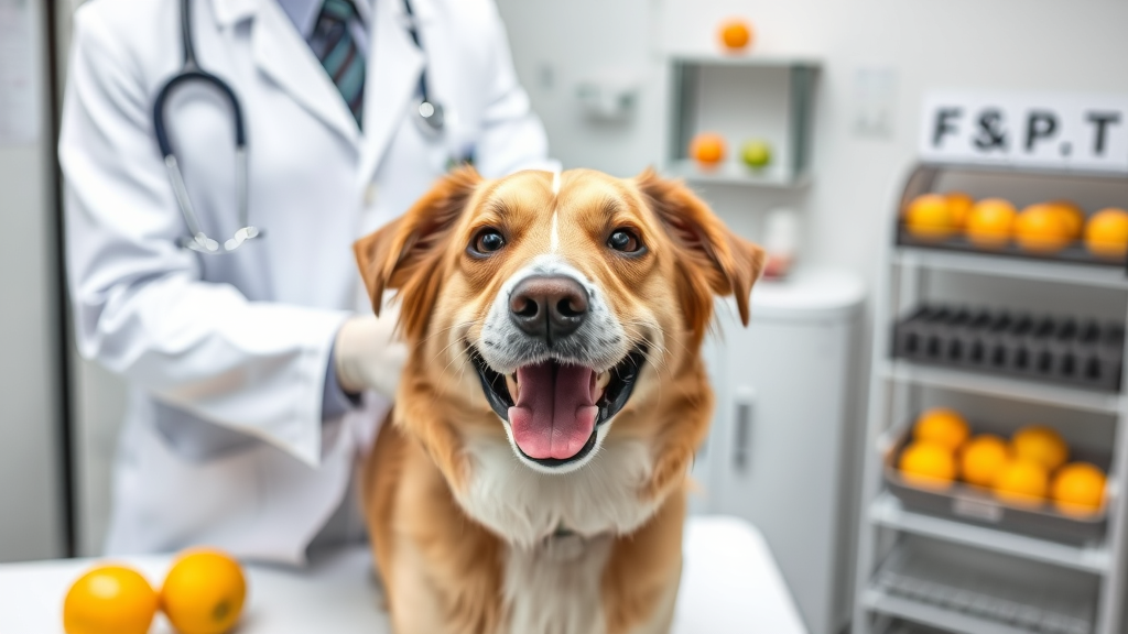 Veterinarian examining happy dog in clinic with citrus fruits visible on examination table, professional setting, no text no words no letters