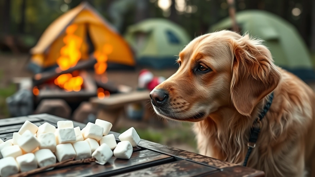Golden Retriever looking at marshmallows on a camping table, curious expression, outdoor campfire setting with tents in background, natural lighting