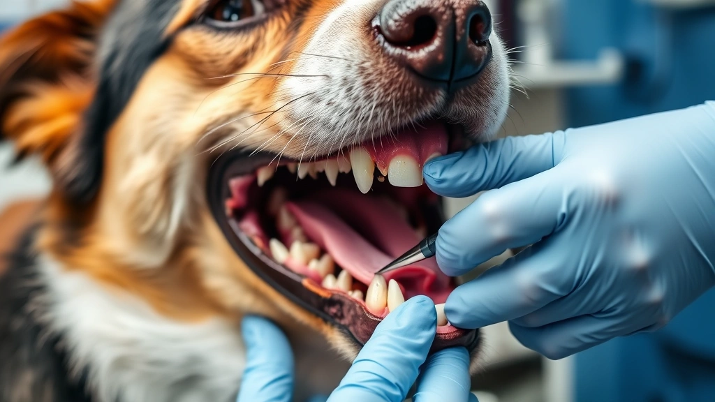 Close-up of dog's open mouth with veterinarian examining teeth, professional dental check-up scene, bright clinical lighting, focus on oral health