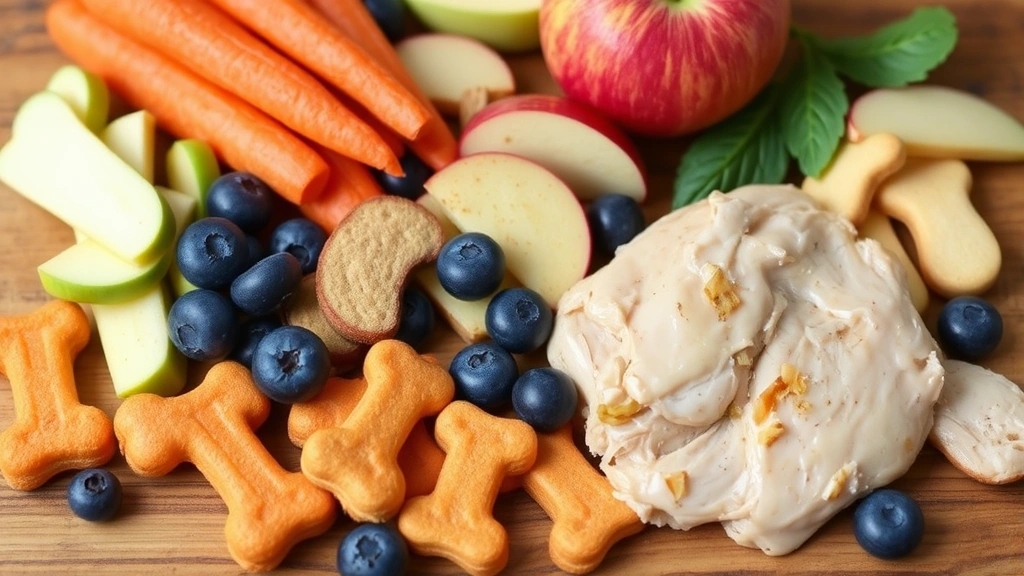 Assorted healthy dog treats including carrots, apples, blueberries, and plain cooked chicken arranged on a wooden surface, appetizing presentation