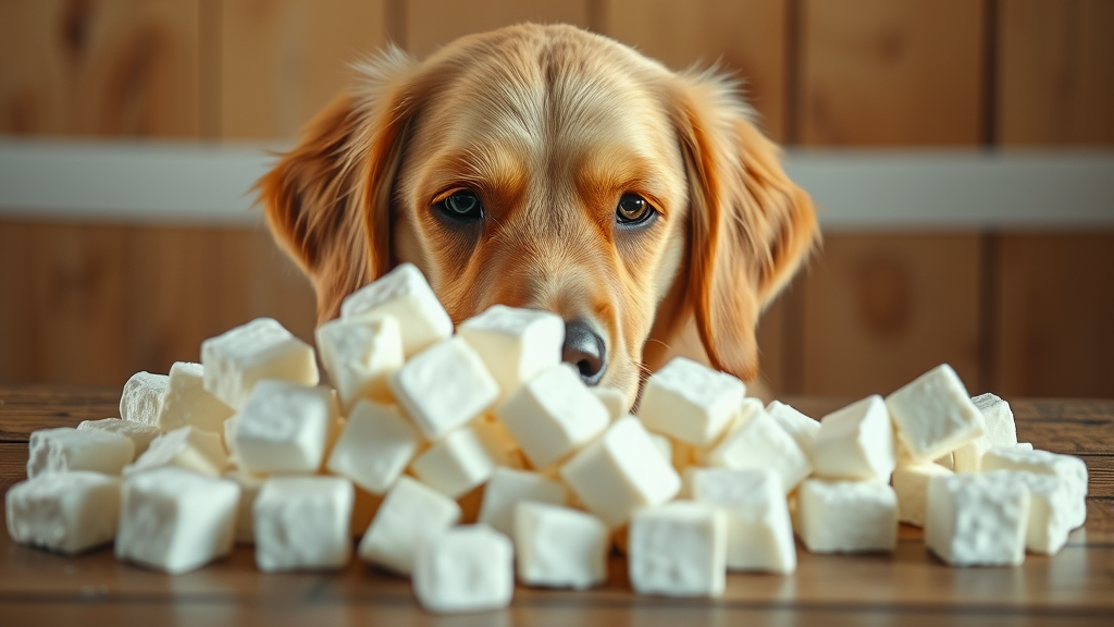 Golden retriever looking curiously at white fluffy marshmallows on wooden table, warm lighting, no text no words no letters