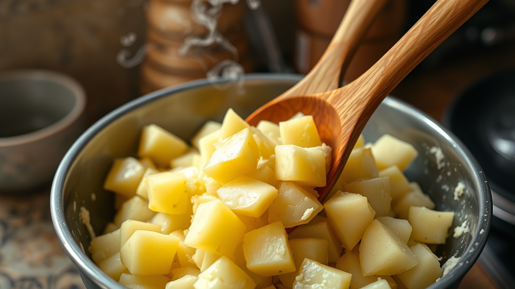 Fresh peeled potatoes being mashed in bowl with wooden spoon, steam rising, rustic kitchen background, natural lighting, no text no words no letters