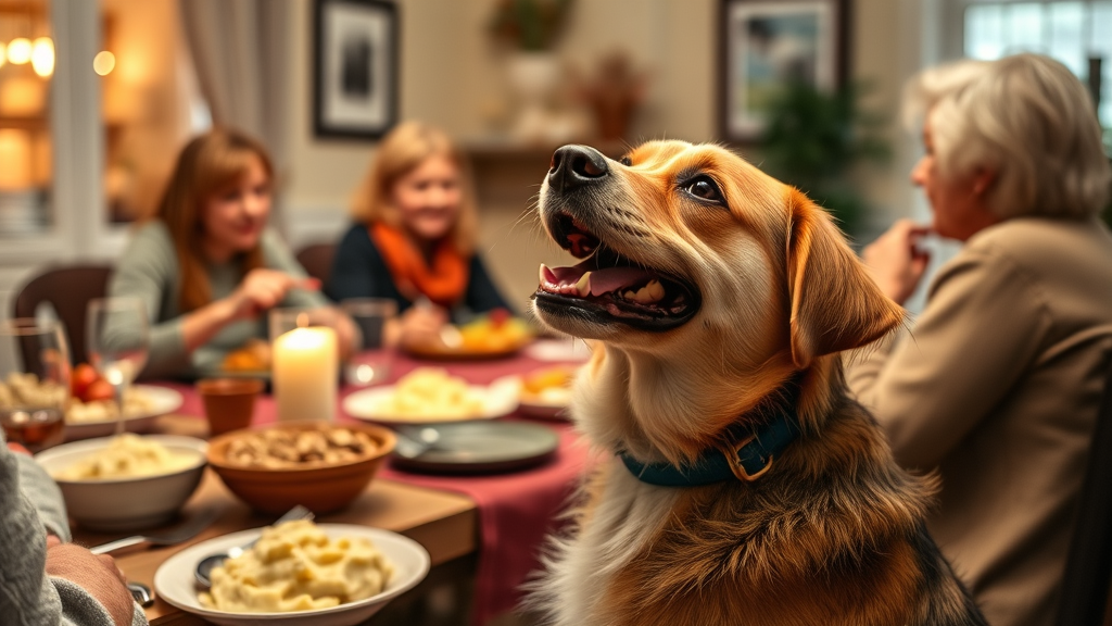 Happy dog looking up expectantly while family enjoys dinner with mashed potatoes, dining room scene, warm atmosphere, no text no words no letters