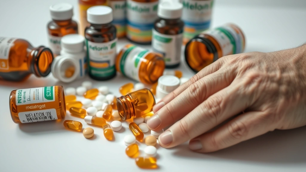 Close-up of various melatonin supplement bottles and pills scattered on a white surface with a concerned dog owner's hand nearby, photorealistic
